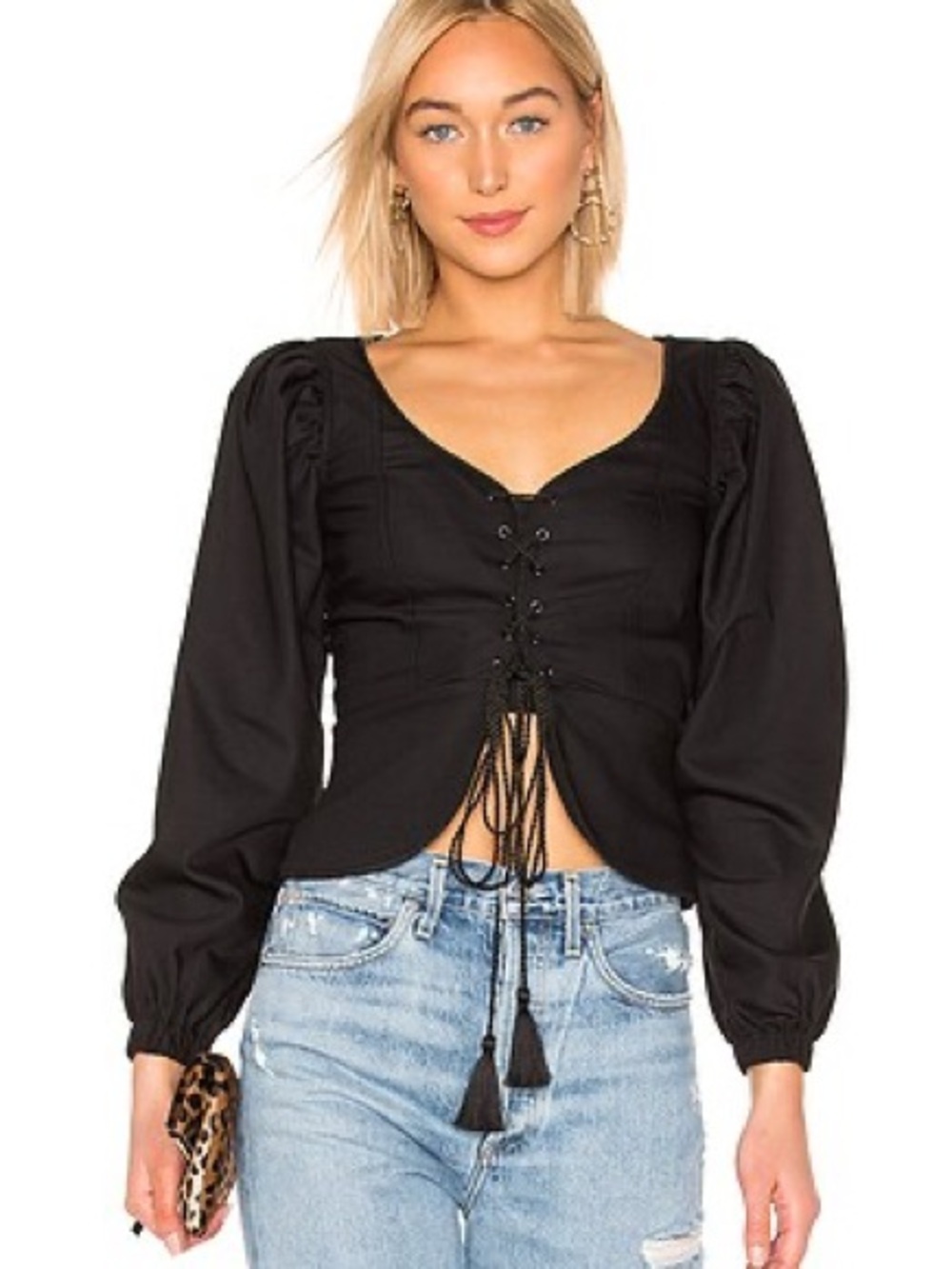 L'Academie Black Lace-Up Puff Sleeve Blouse